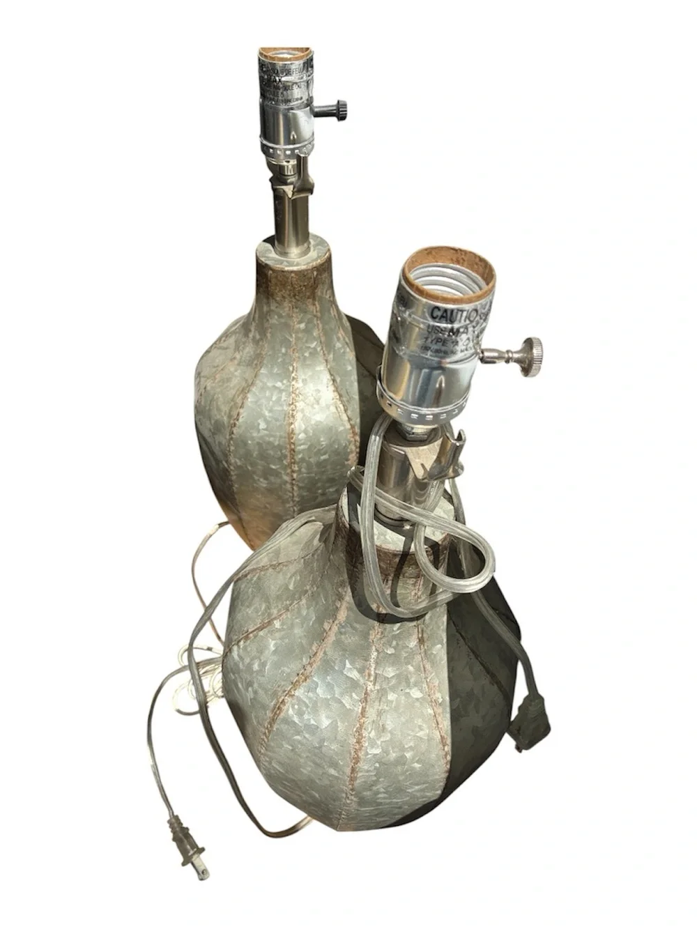 rustic table lamps feature galvanized metal bodies w/distinctive textured finish